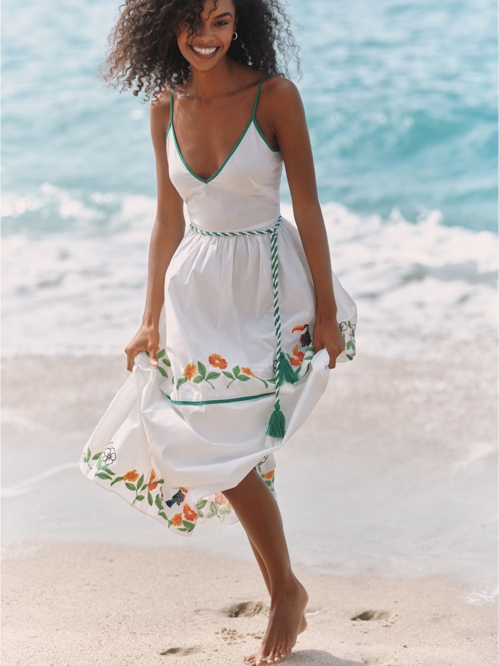 White Floral Embroidered Beach Coverup Dress with Green Trim